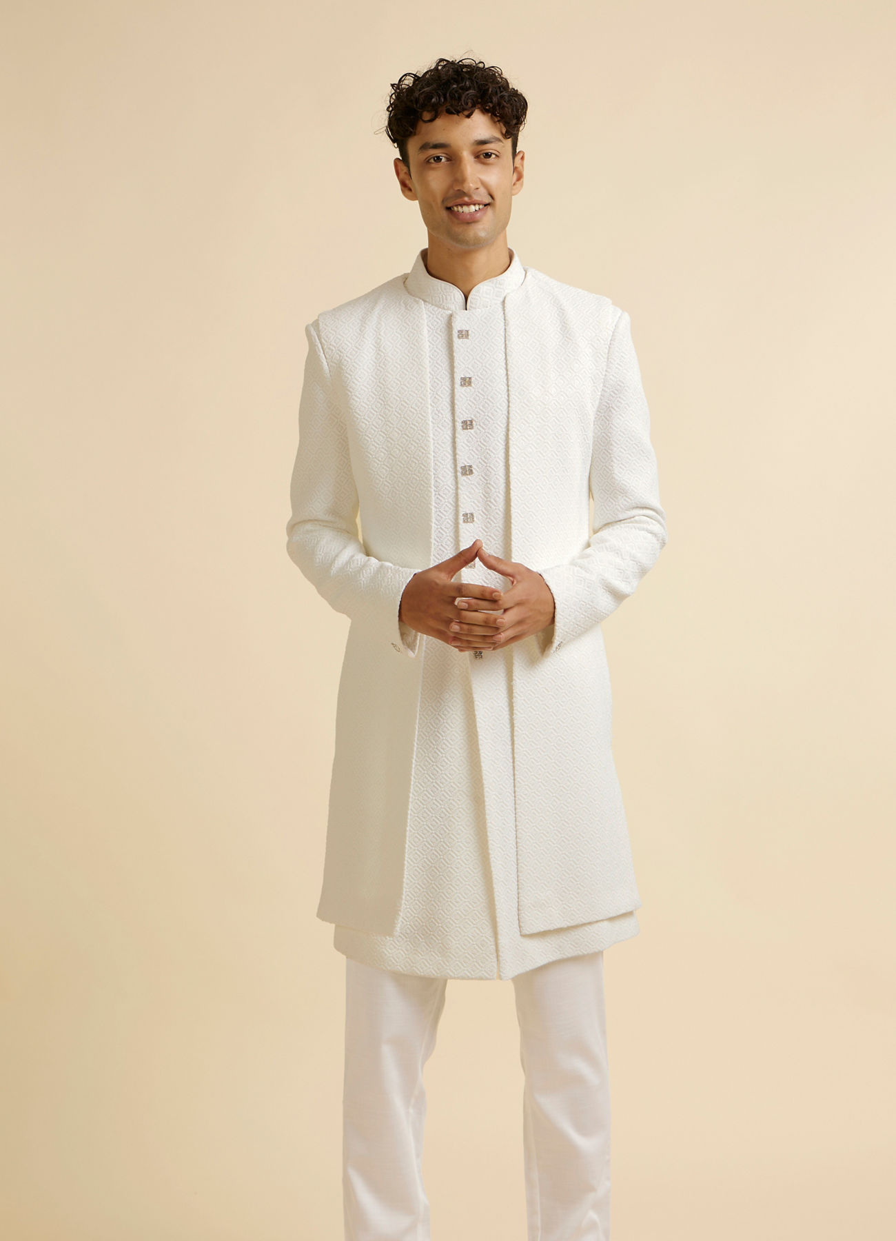 Manyavar Men White Sequinned Layered Indo Western Set