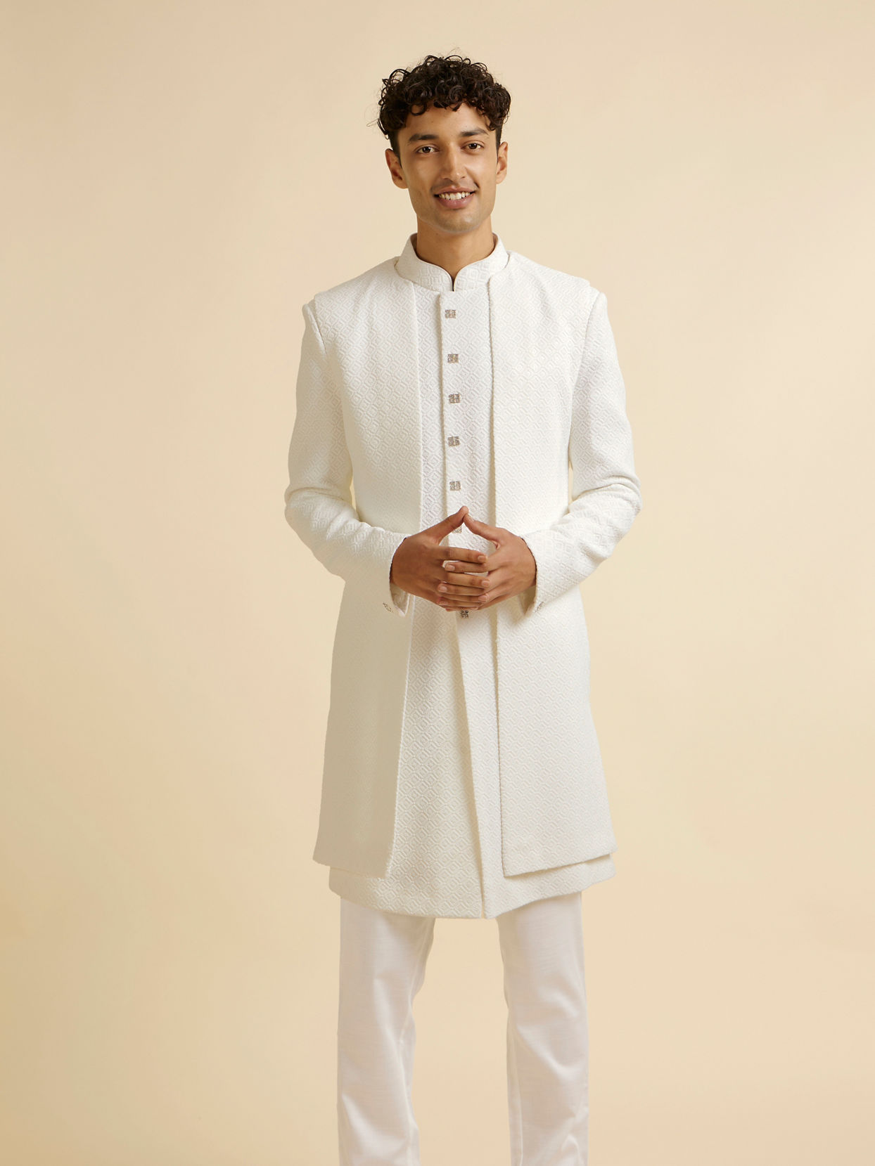 alt message - Manyavar Men White Sequinned Layered Indo Western Set image number 0