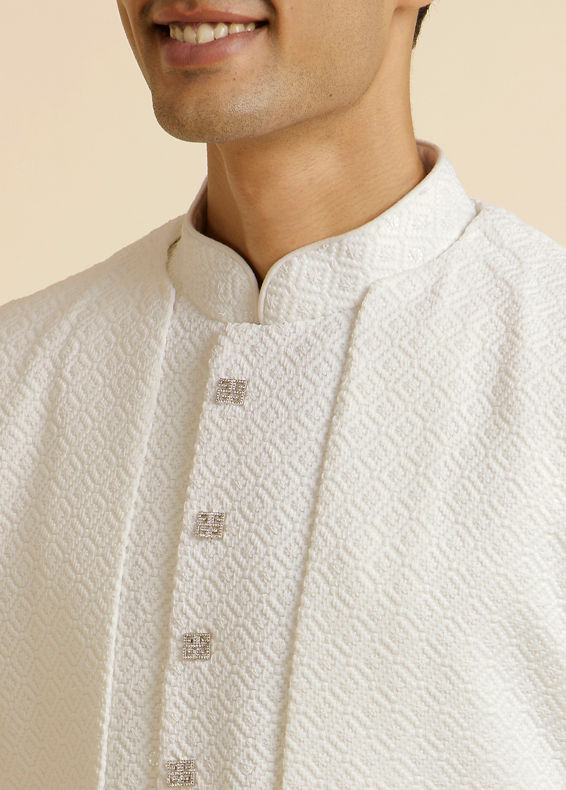 Manyavar Men White Sequinned Layered Indo Western Set