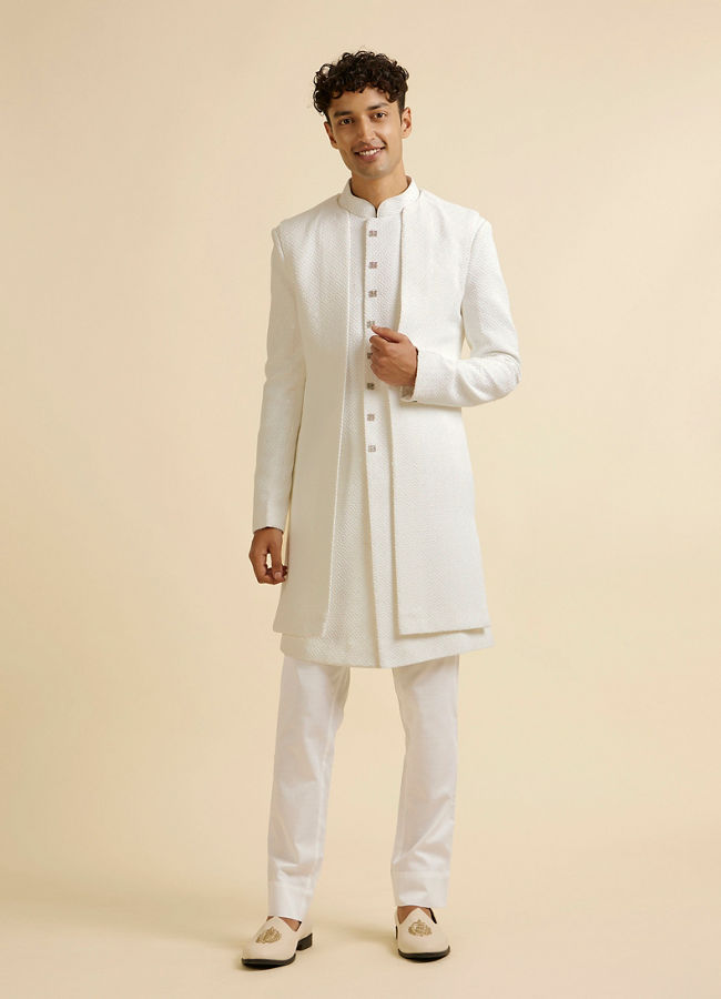 Manyavar Men White Sequinned Layered Indo Western Set