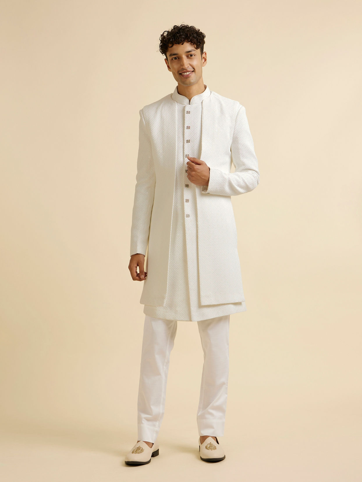 alt message - Manyavar Men White Sequinned Layered Indo Western Set image number 2