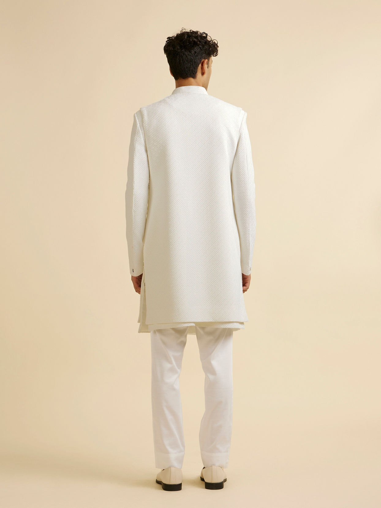 Manyavar Men White Sequinned Layered Indo Western Set