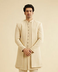 Manyavar Men Cream Beige Sequinned Layered Indo Western Set