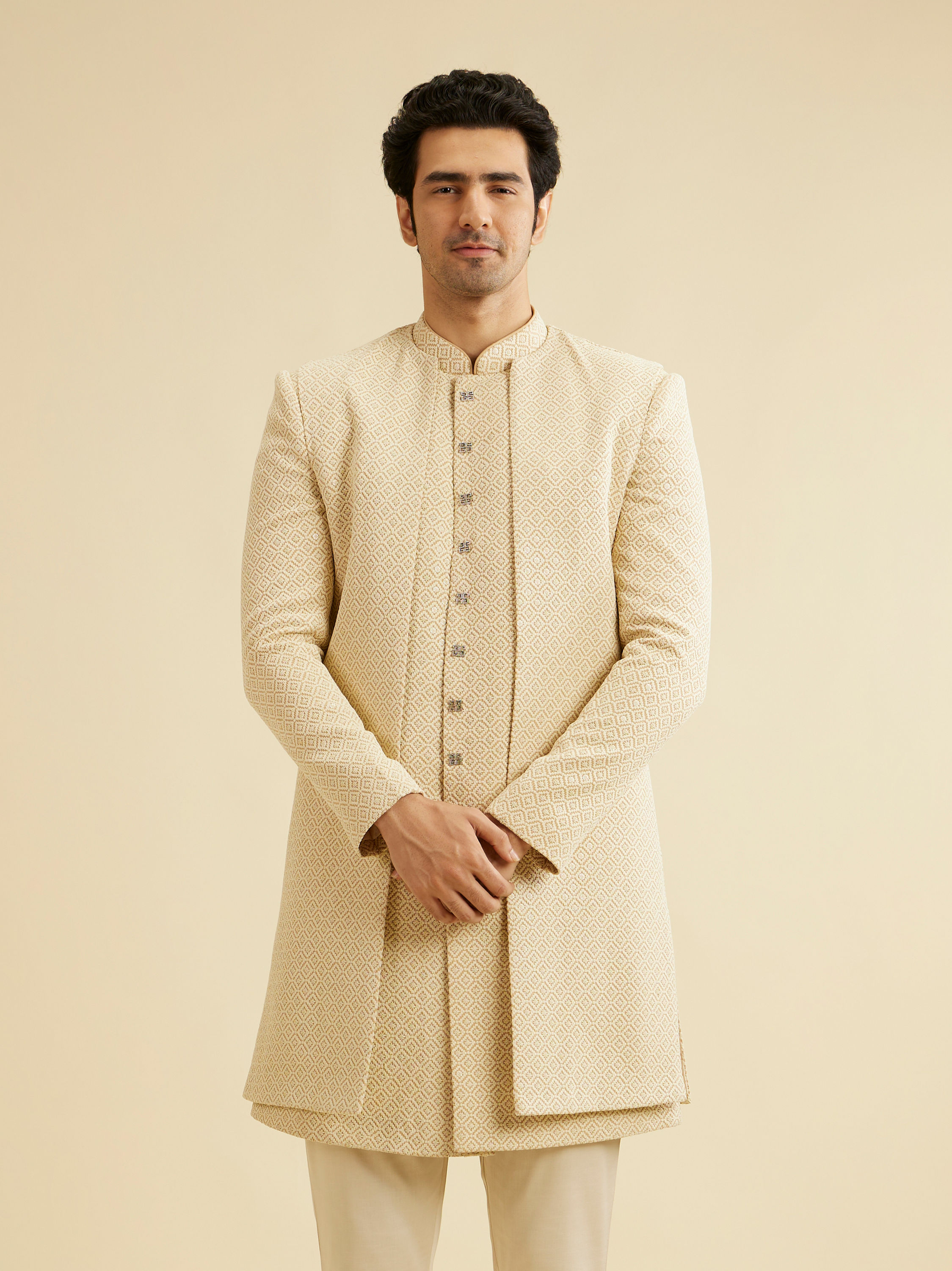 Manyavar Men Cream Beige Sequinned Layered Indo Western Set