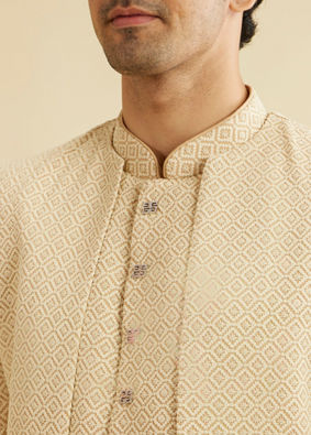 Manyavar Men Cream Beige Sequinned Layered Indo Western Set