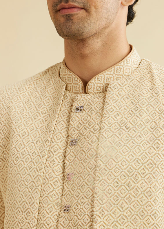 Manyavar Men Cream Beige Sequinned Layered Indo Western Set
