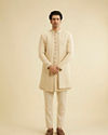 Manyavar Men Cream Beige Sequinned Layered Indo Western Set
