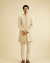 alt message - Manyavar Men Cream Beige Sequinned Layered Indo Western Set image number 2