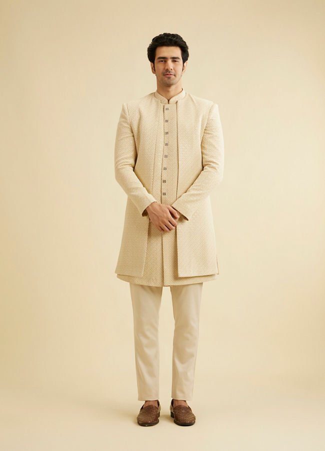 Manyavar Men Cream Beige Sequinned Layered Indo Western Set