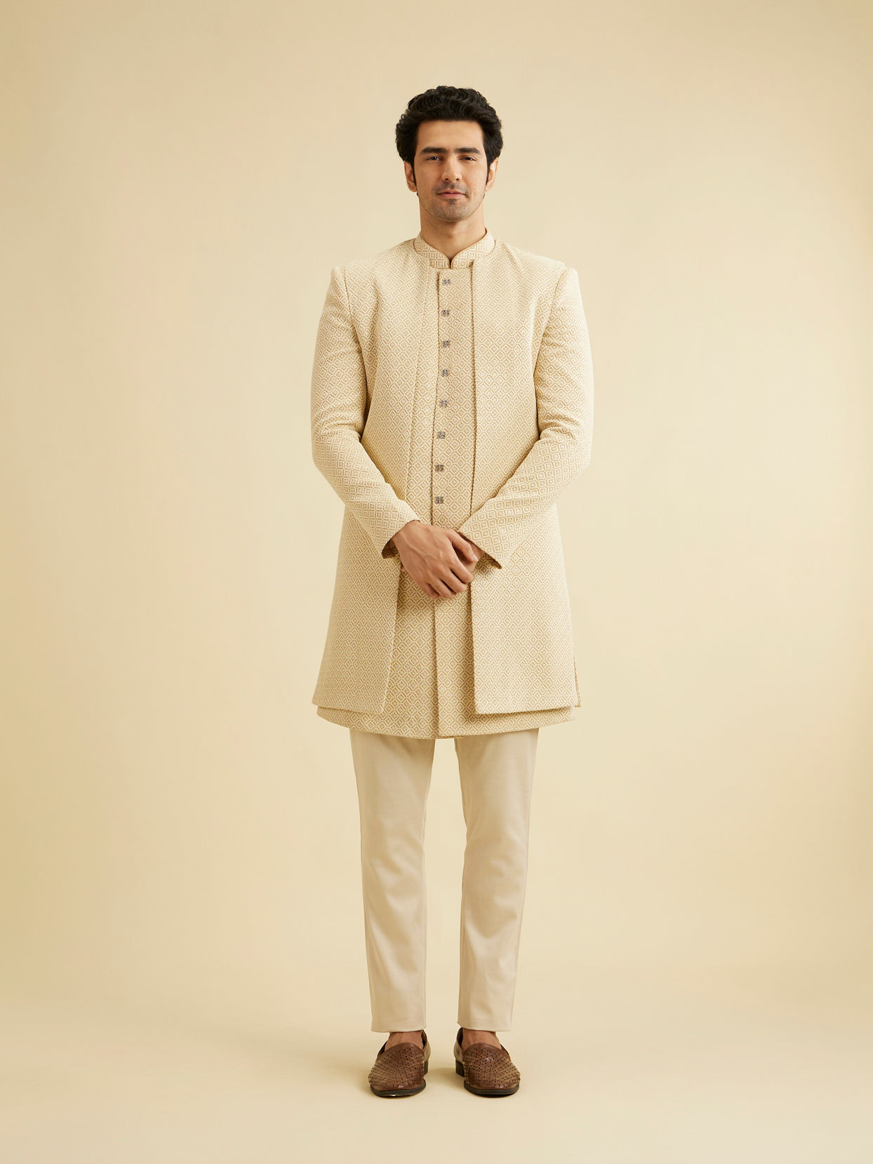 Manyavar Men Cream Beige Sequinned Layered Indo Western Set