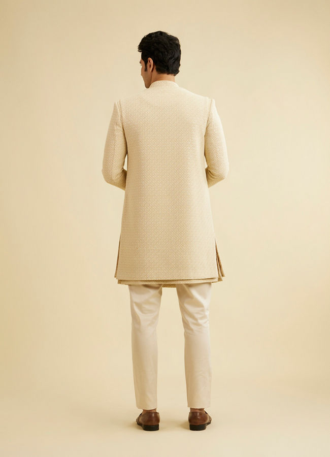 Manyavar Men Cream Beige Sequinned Layered Indo Western Set