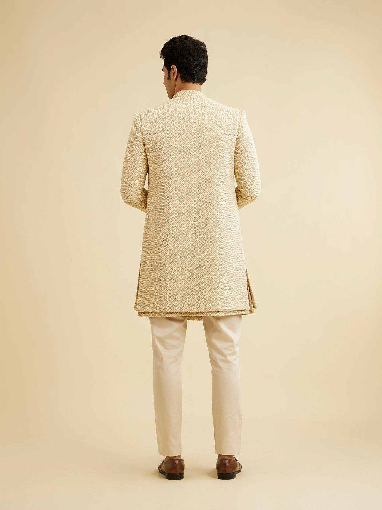 Manyavar Men Cream Beige Sequinned Layered Indo Western Set