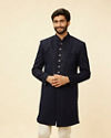 Manyavar Men Midnight Blue Diamond Patterned Indo Jacket Set
