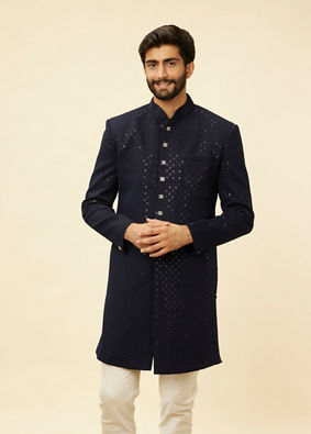 alt message - Manyavar Men Midnight Blue Diamond Patterned Indo Jacket Set image number 1