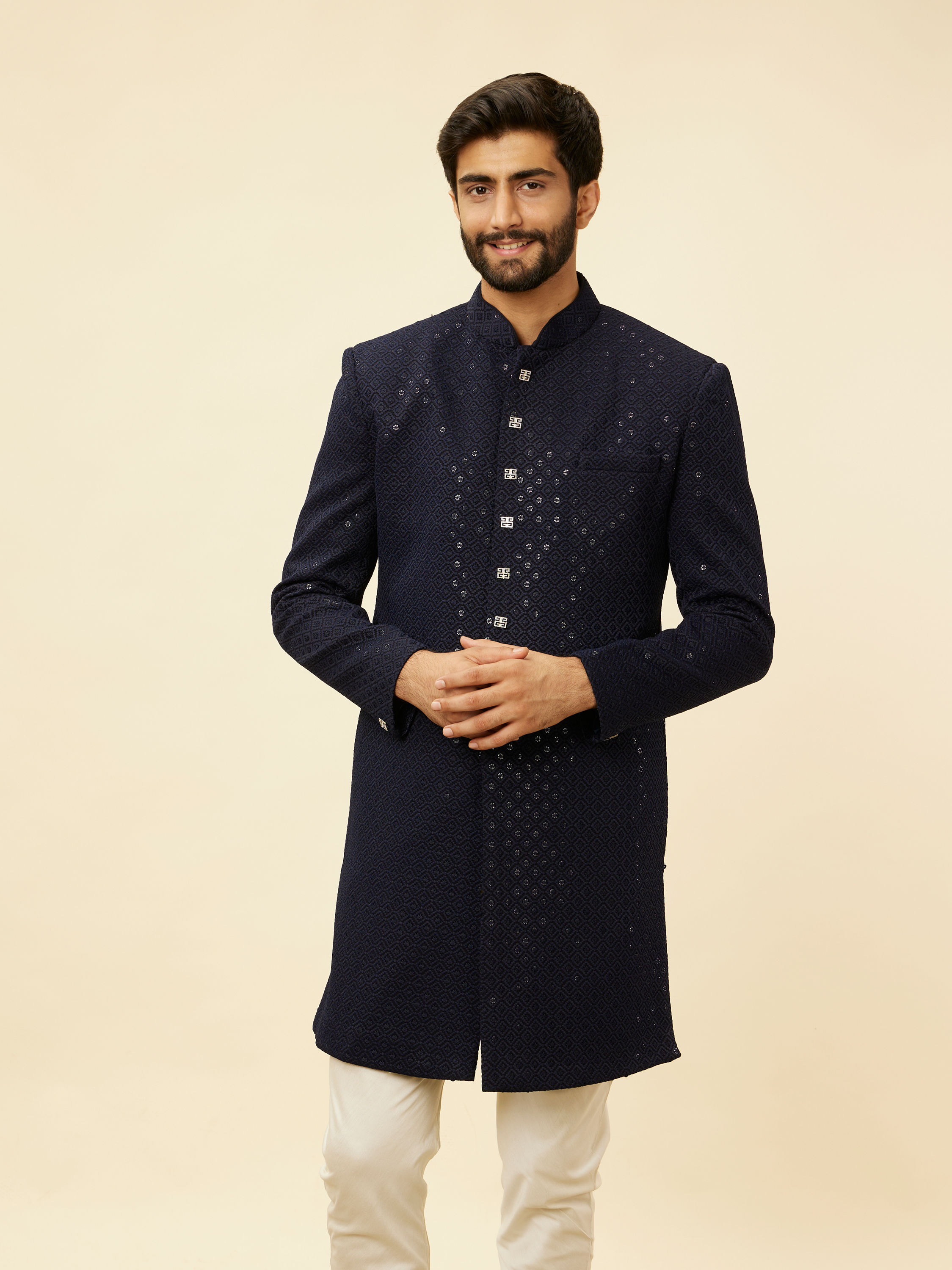 Manyavar Men Midnight Blue Diamond Patterned Indo Jacket Set