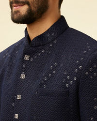 Manyavar Men Midnight Blue Diamond Patterned Indo Jacket Set