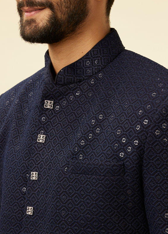 Manyavar Men Midnight Blue Diamond Patterned Indo Jacket Set