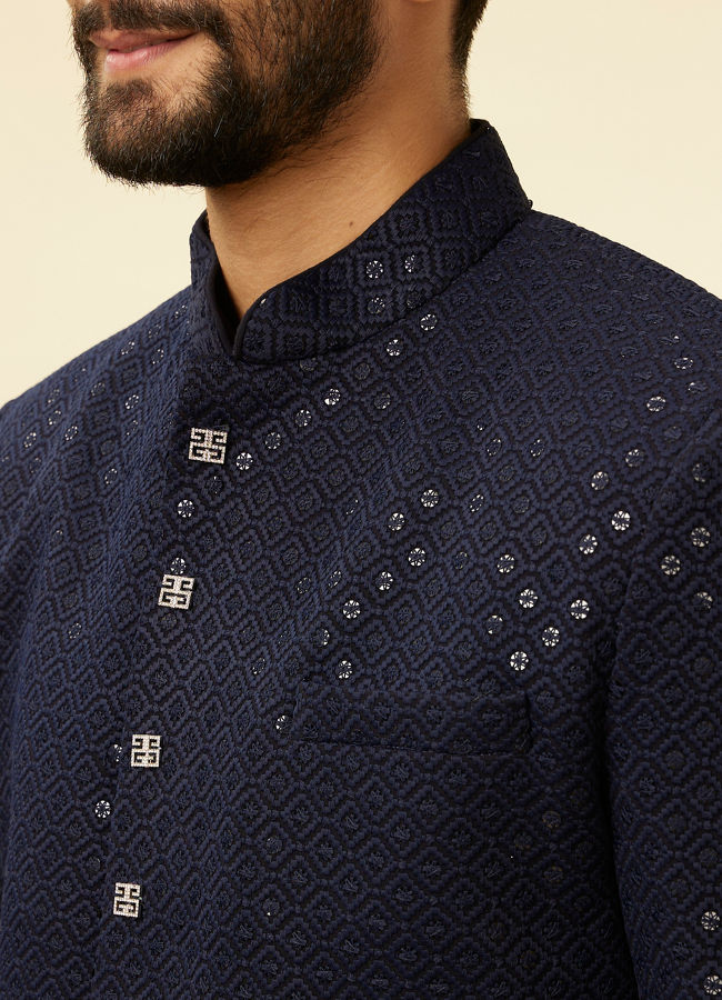 Manyavar Men Midnight Blue Diamond Patterned Indo Jacket Set