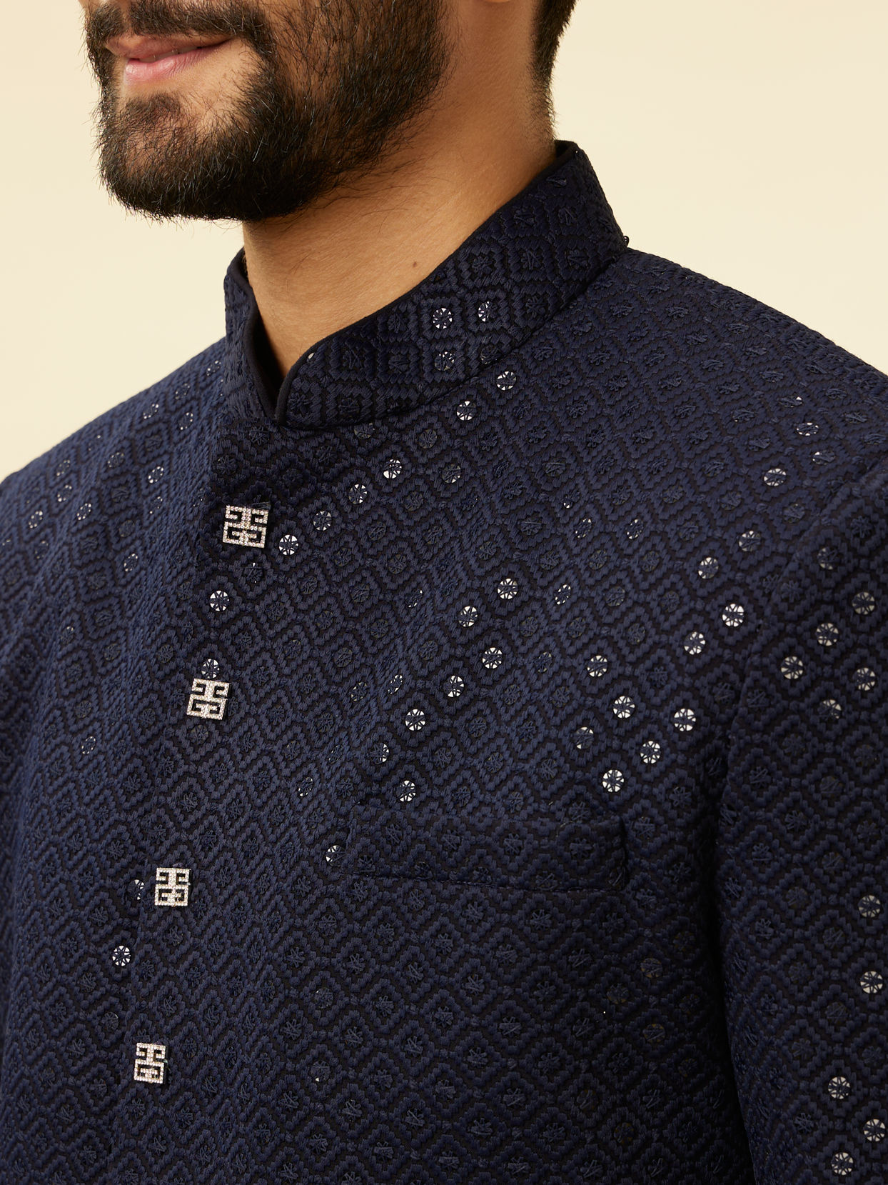 alt message - Manyavar Men Midnight Blue Diamond Patterned Indo Jacket Set image number 2