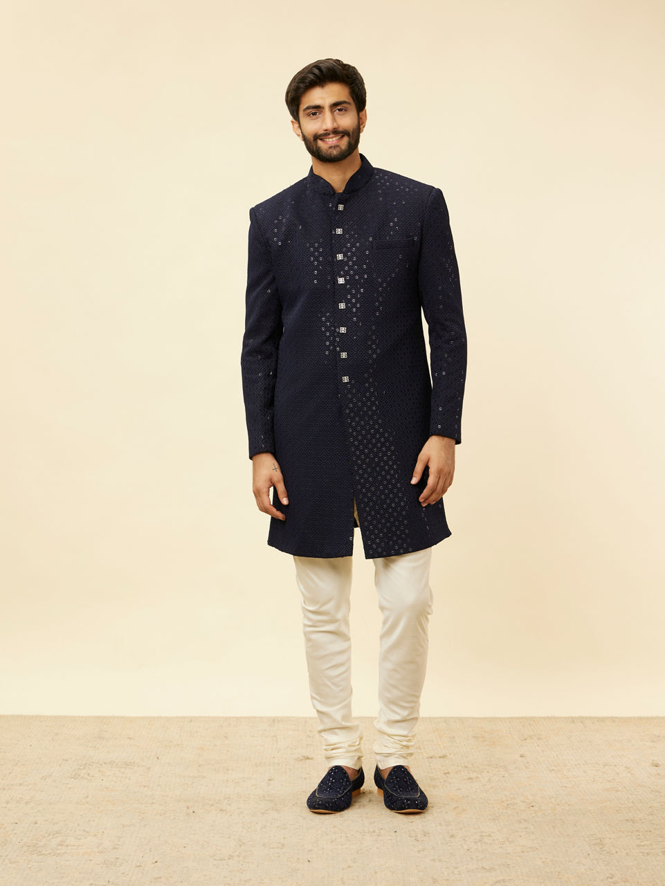 Manyavar Men Midnight Blue Diamond Patterned Indo Jacket Set