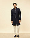 Manyavar Men Midnight Blue Diamond Patterned Indo Jacket Set
