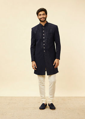 alt message - Manyavar Men Midnight Blue Diamond Patterned Indo Jacket Set image number 3