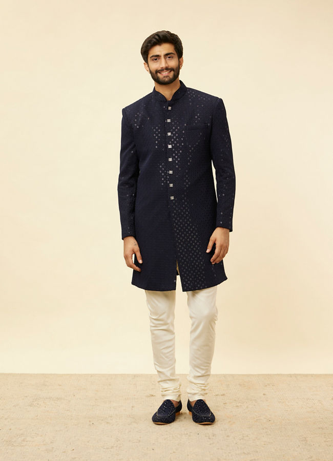 alt message - Manyavar Men Midnight Blue Diamond Patterned Indo Jacket Set image number 3