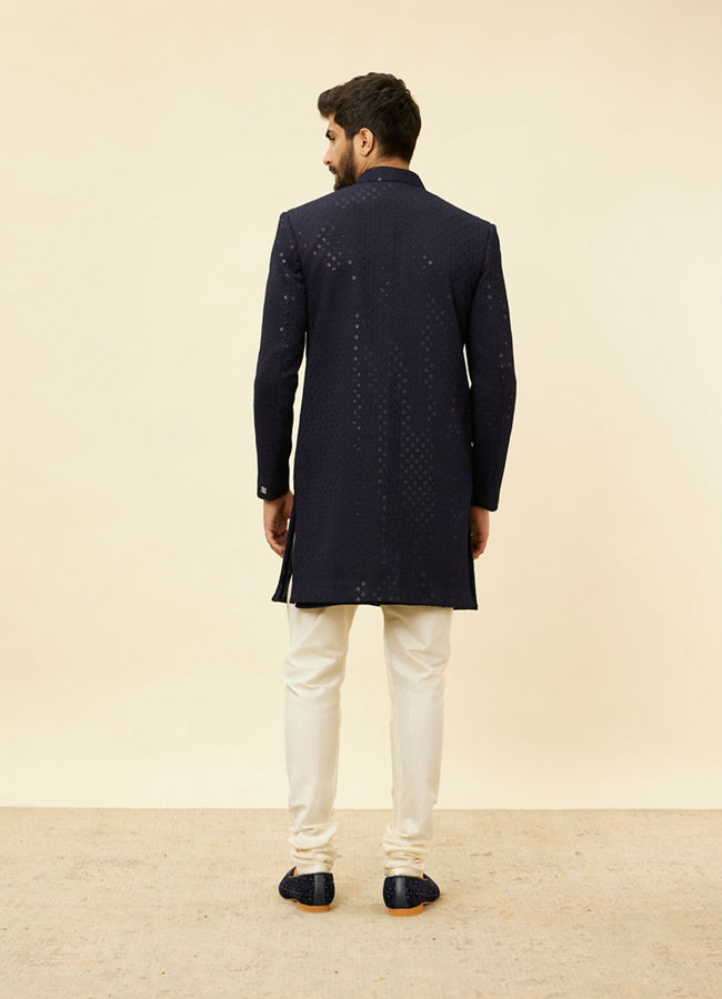 Manyavar Men Midnight Blue Diamond Patterned Indo Jacket Set