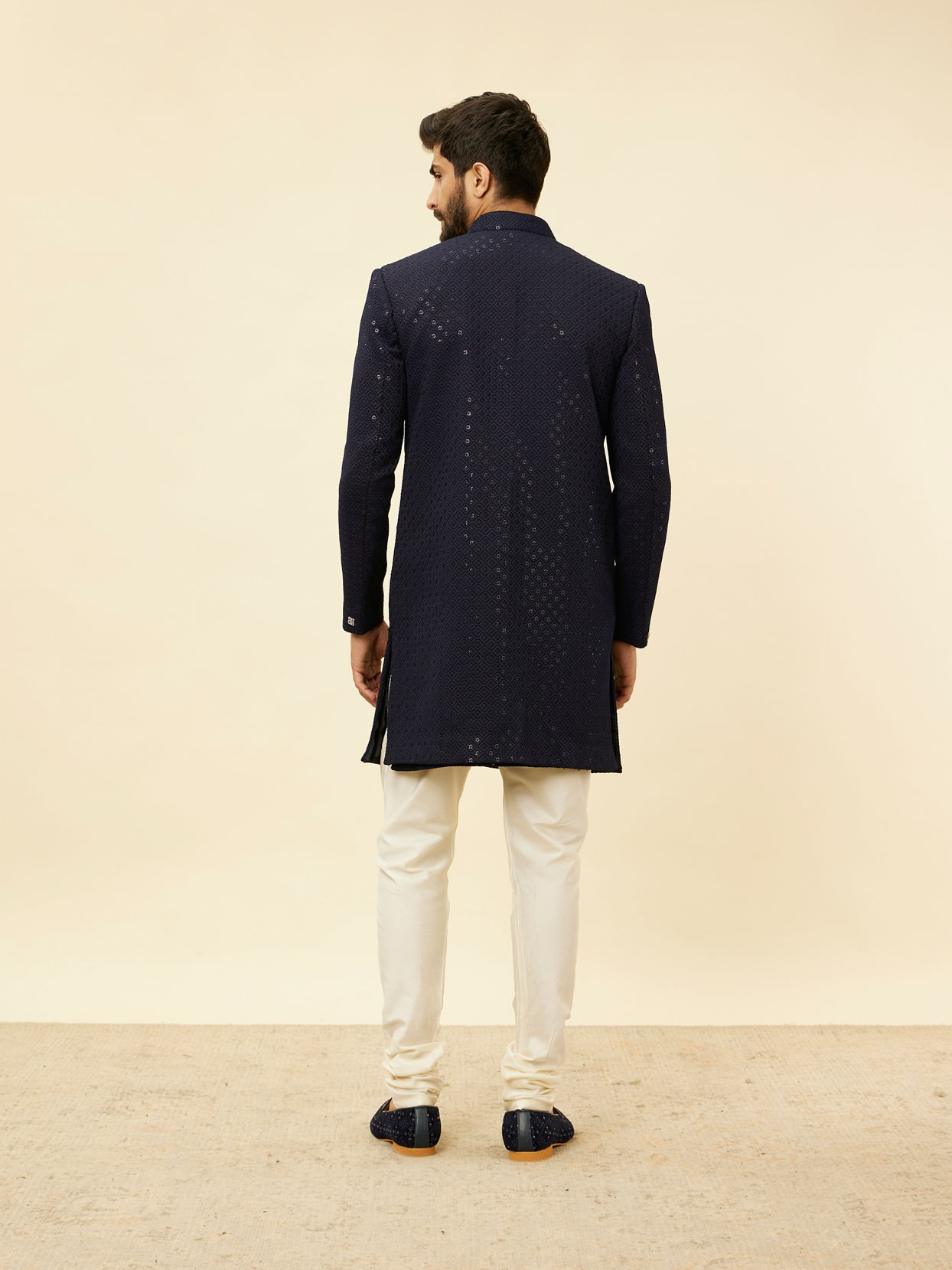 Manyavar Men Midnight Blue Diamond Patterned Indo Jacket Set