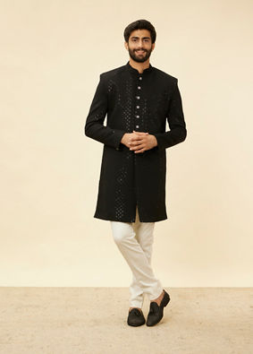 alt message - Manyavar Men Ebony Black Sequinned Layered Indo Western Set image number 2