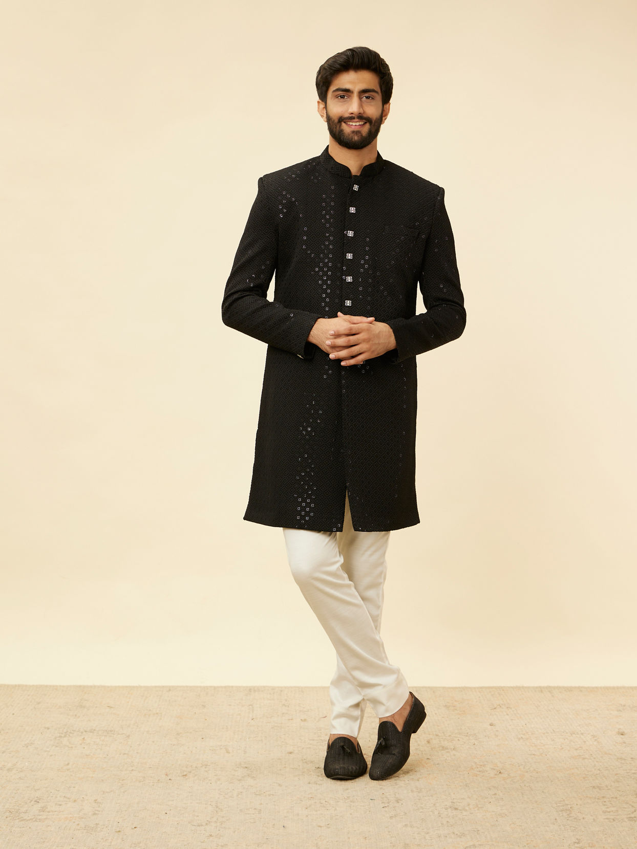 alt message - Manyavar Men Ebony Black Sequinned Layered Indo Western Set image number 2