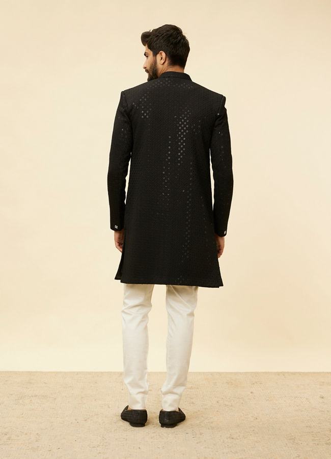 alt message - Manyavar Men Ebony Black Sequinned Layered Indo Western Set image number 4