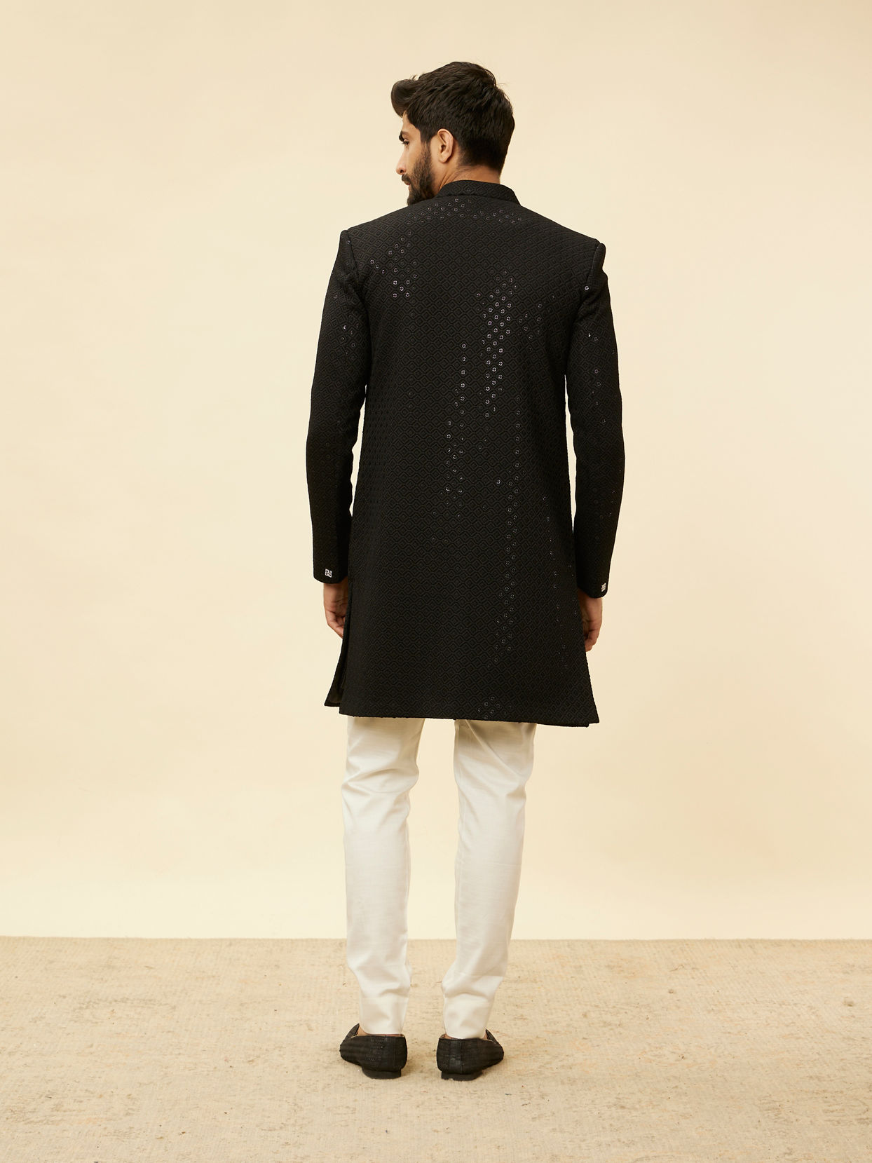 alt message - Manyavar Men Ebony Black Sequinned Layered Indo Western Set image number 4