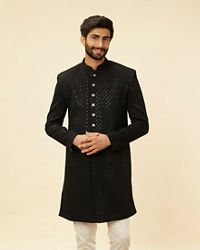 Manyavar Men Ebony Black Sequinned Layered Indo Western Set