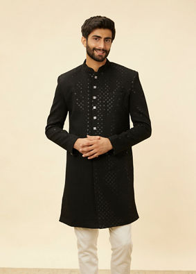 alt message - Manyavar Men Ebony Black Sequinned Layered Indo Western Set image number 0