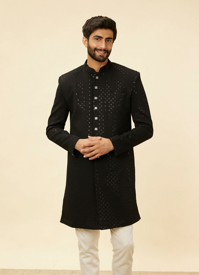 alt message - Manyavar Men Ebony Black Sequinned Layered Indo Western Set image number 0