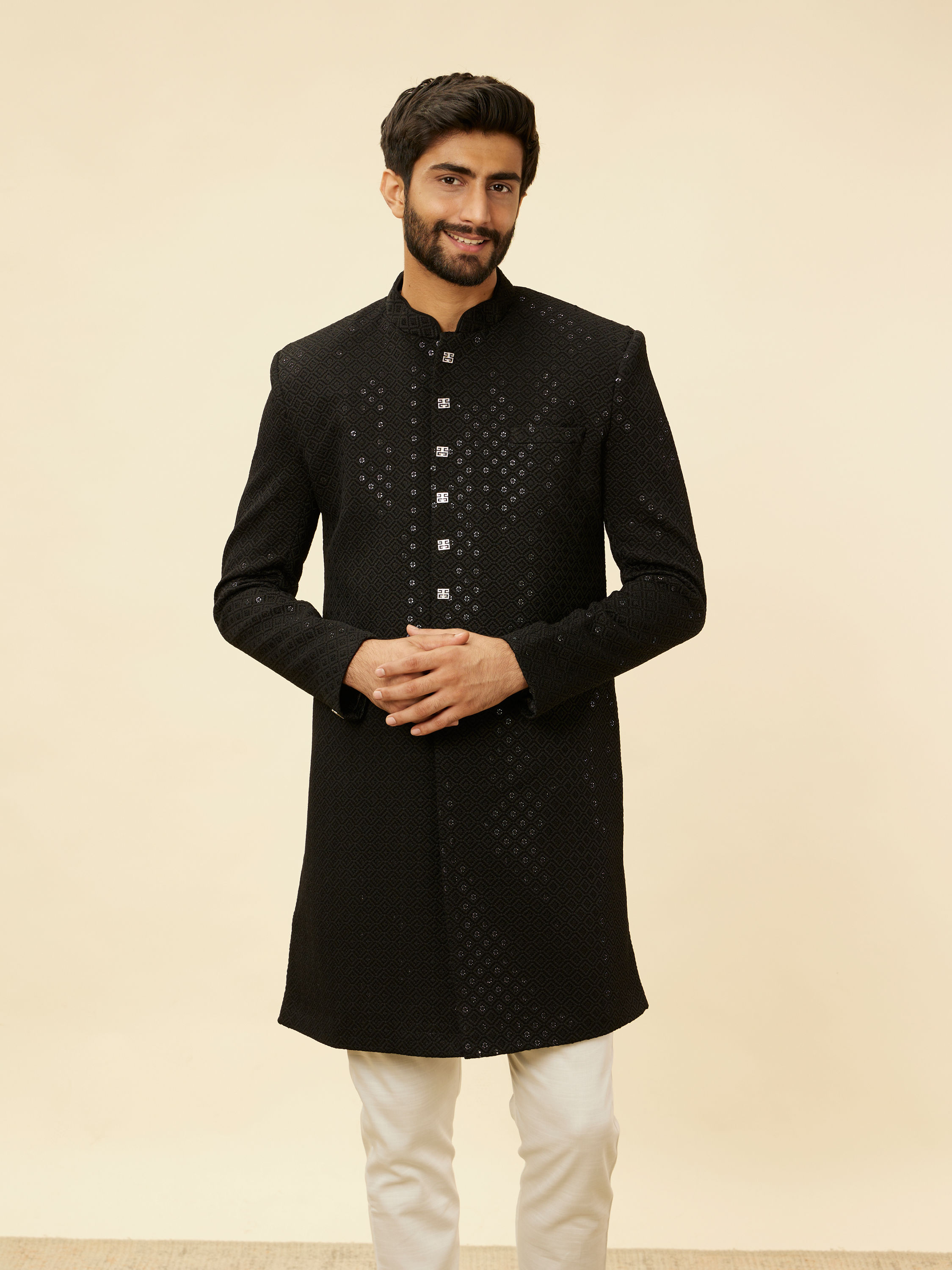 Manyavar Men Ebony Black Sequinned Layered Indo Western Set