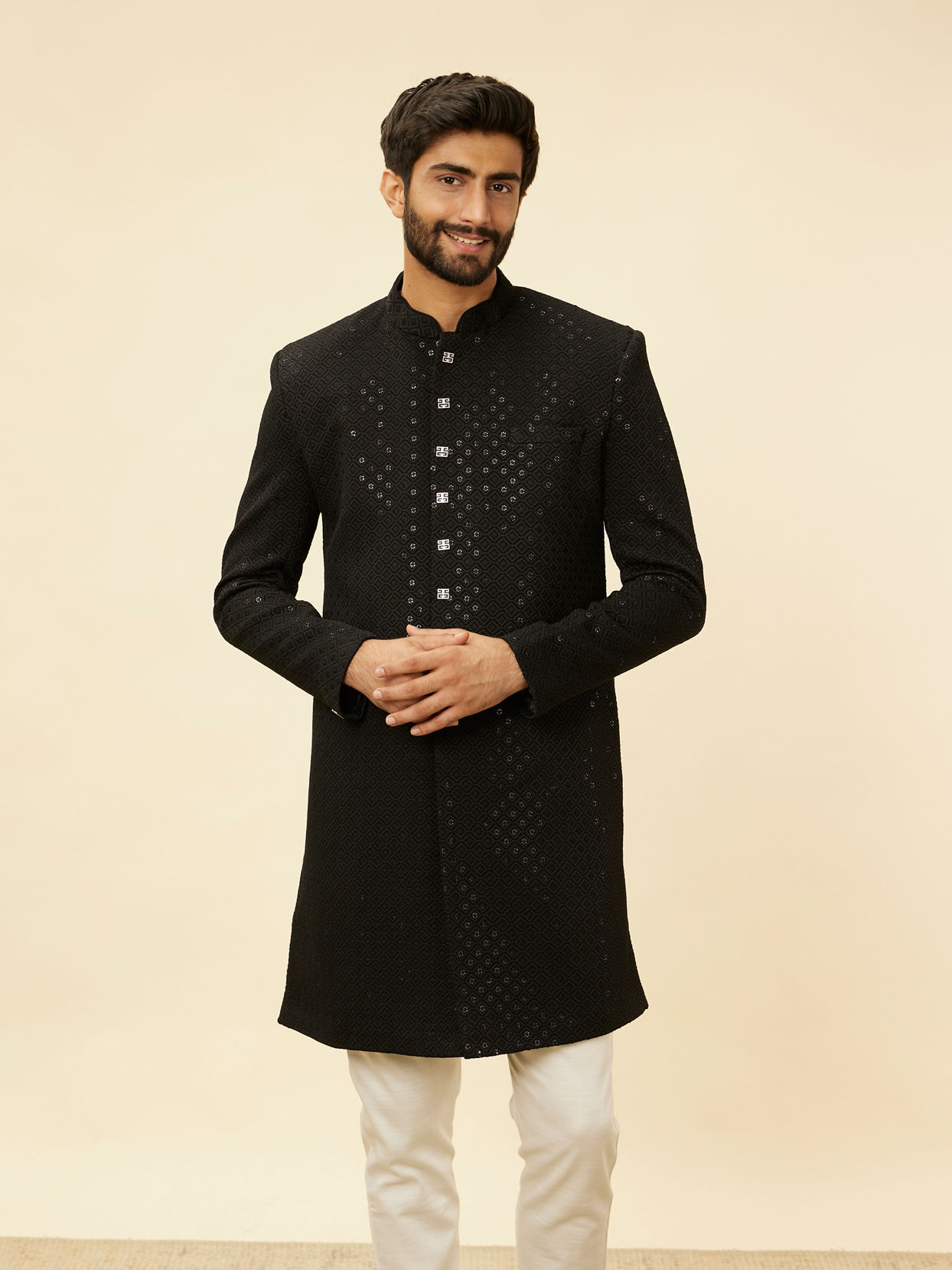 Manyavar Men Ebony Black Sequinned Layered Indo Western Set