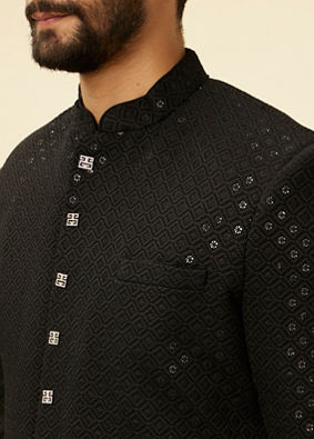 alt message - Manyavar Men Ebony Black Sequinned Layered Indo Western Set image number 1