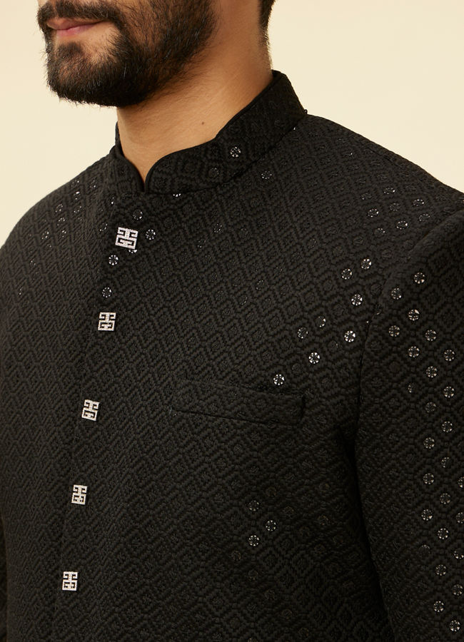 Manyavar Men Ebony Black Sequinned Layered Indo Western Set