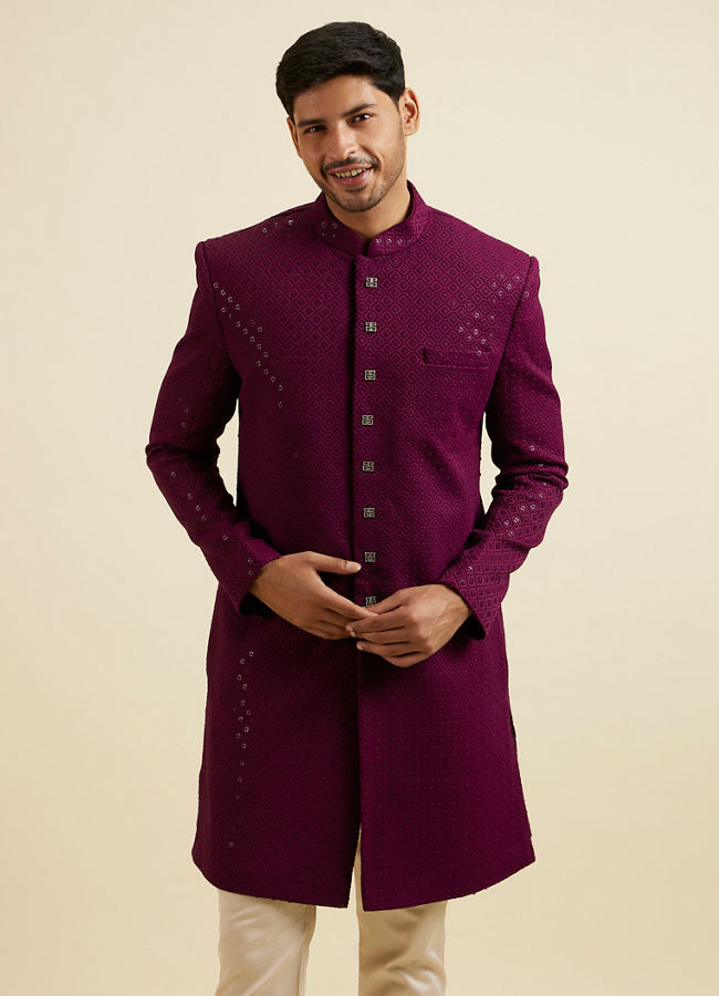 alt message - Manyavar Men Purple Sequinned Layered Indo Western Set image number 0