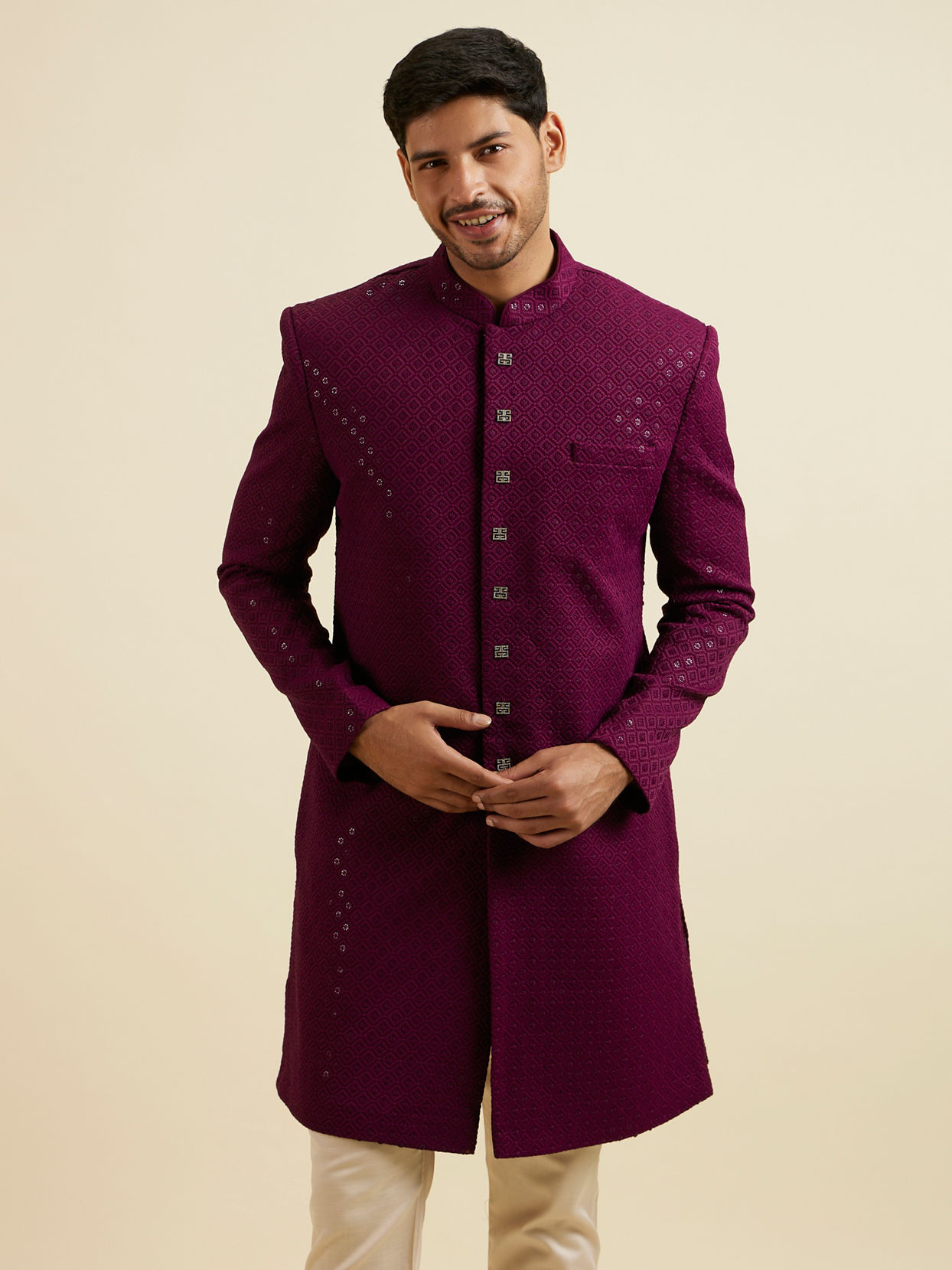 alt message - Manyavar Men Purple Sequinned Layered Indo Western Set image number 0