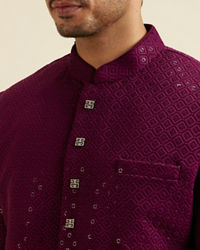 Manyavar Men Purple Sequinned Layered Indo Western Set