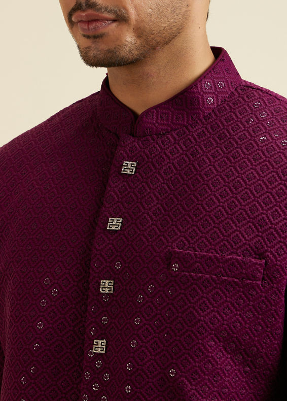 Manyavar Men Purple Sequinned Layered Indo Western Set