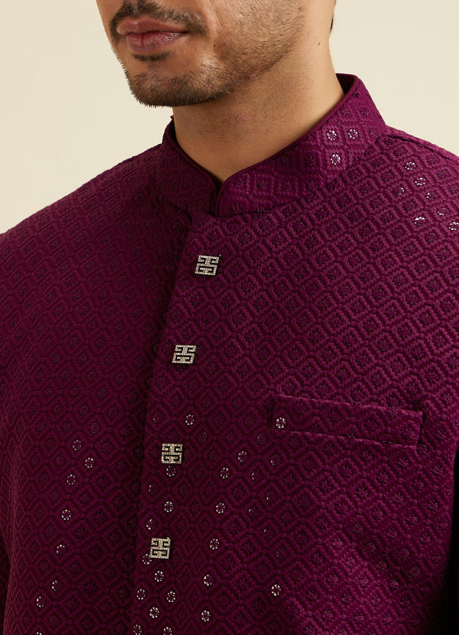 alt message - Manyavar Men Purple Sequinned Layered Indo Western Set image number 1