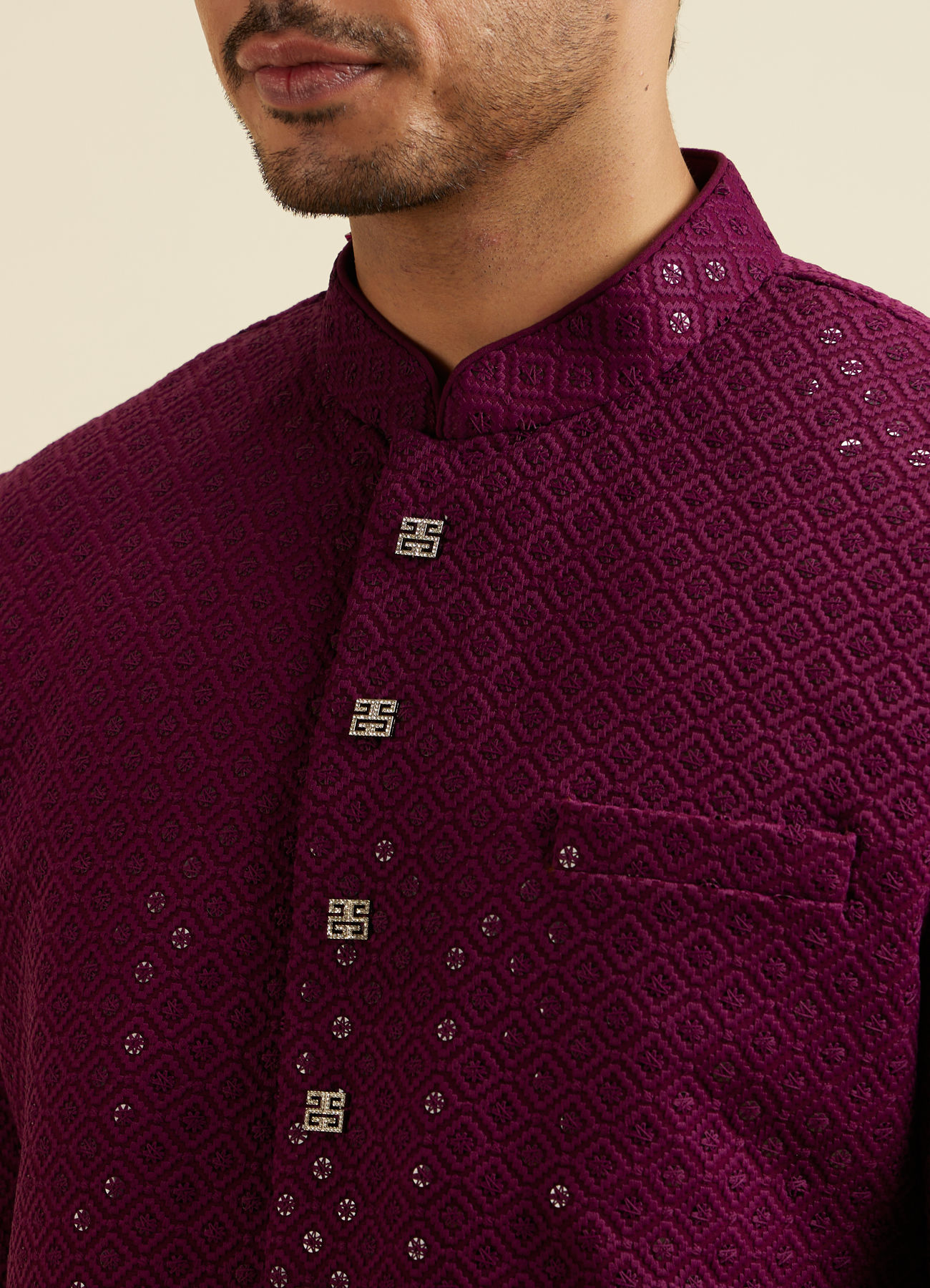 Manyavar Men Purple Sequinned Layered Indo Western Set