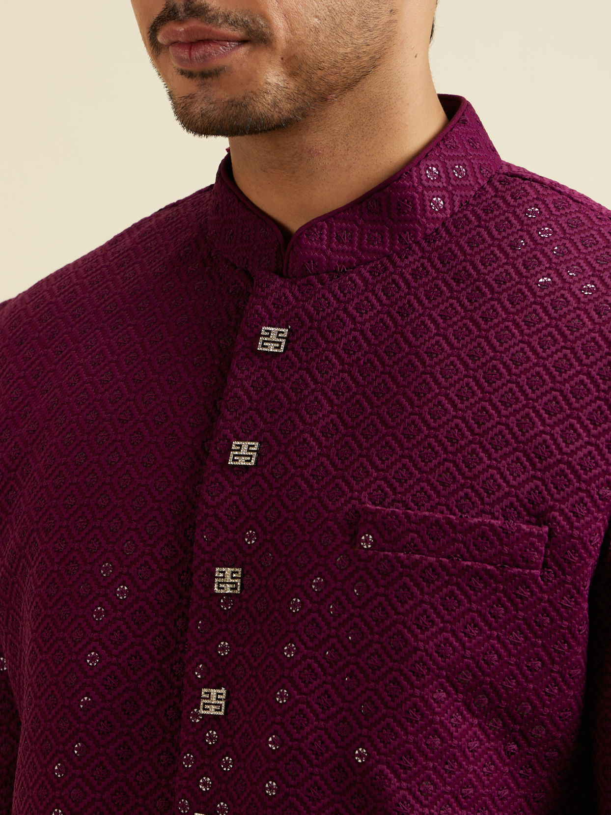 alt message - Manyavar Men Purple Sequinned Layered Indo Western Set image number 1