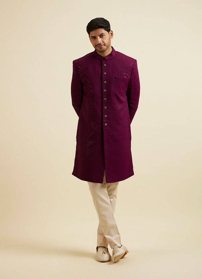 Manyavar Men Purple Sequinned Layered Indo Western Set