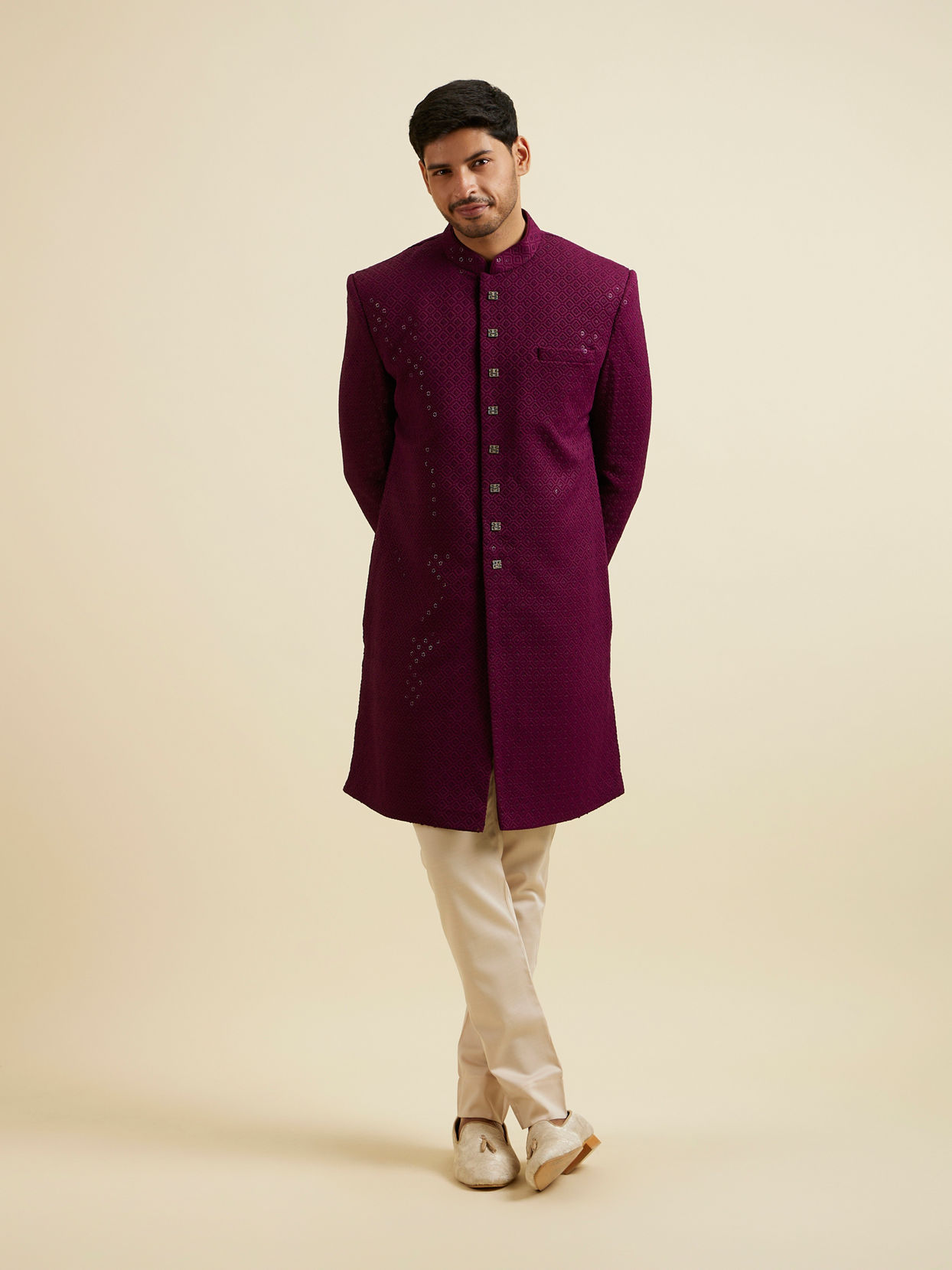 alt message - Manyavar Men Purple Sequinned Layered Indo Western Set image number 2