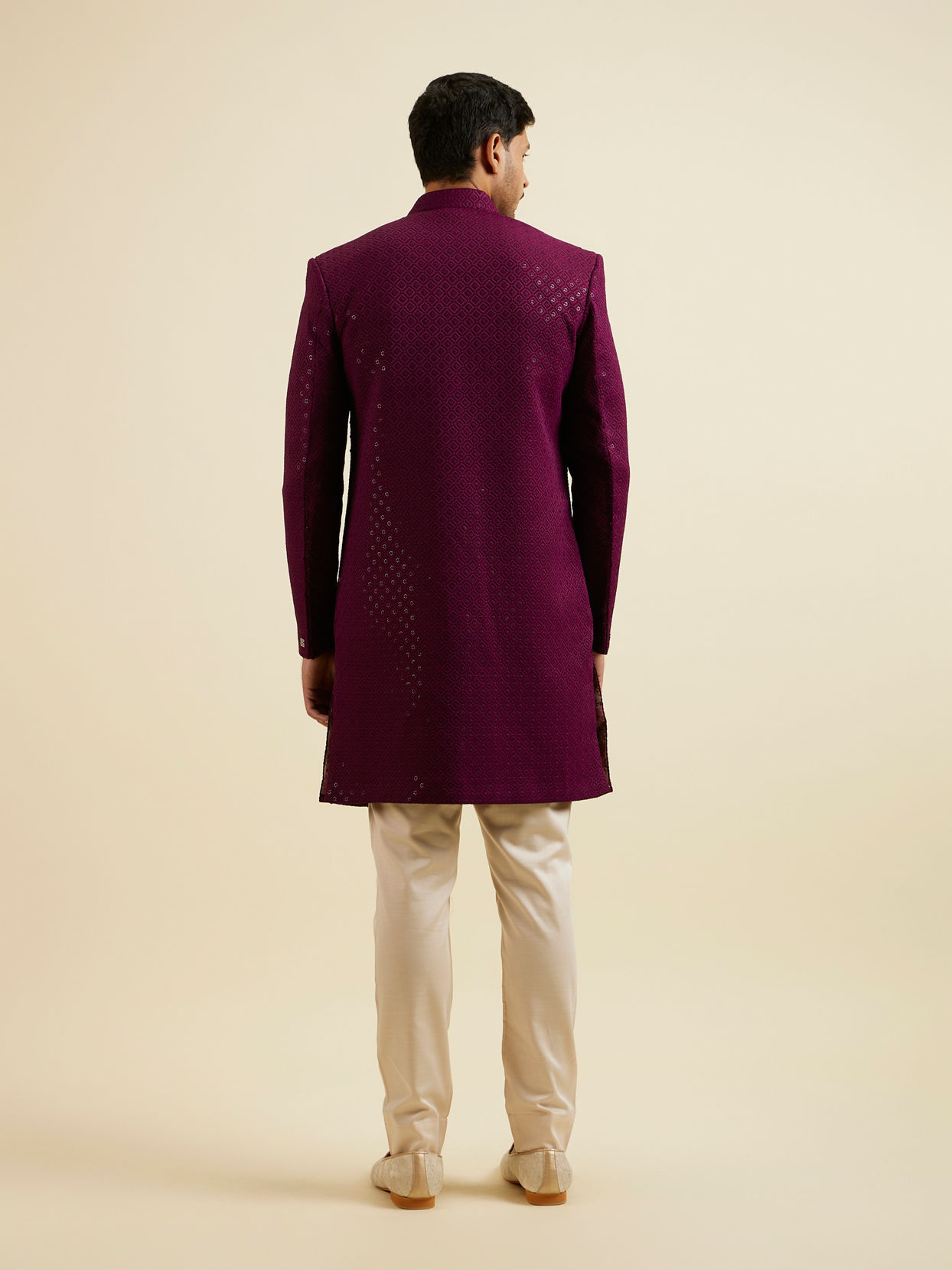 Manyavar Men Purple Sequinned Layered Indo Western Set